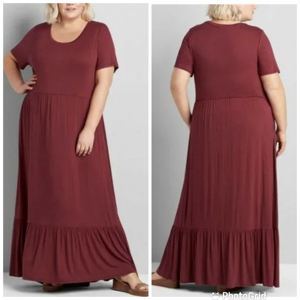 Lane Bryant Women’s Wine Burgundy Knit Flounce Maxi Dress, size 18/20 - Picture 2 of 16